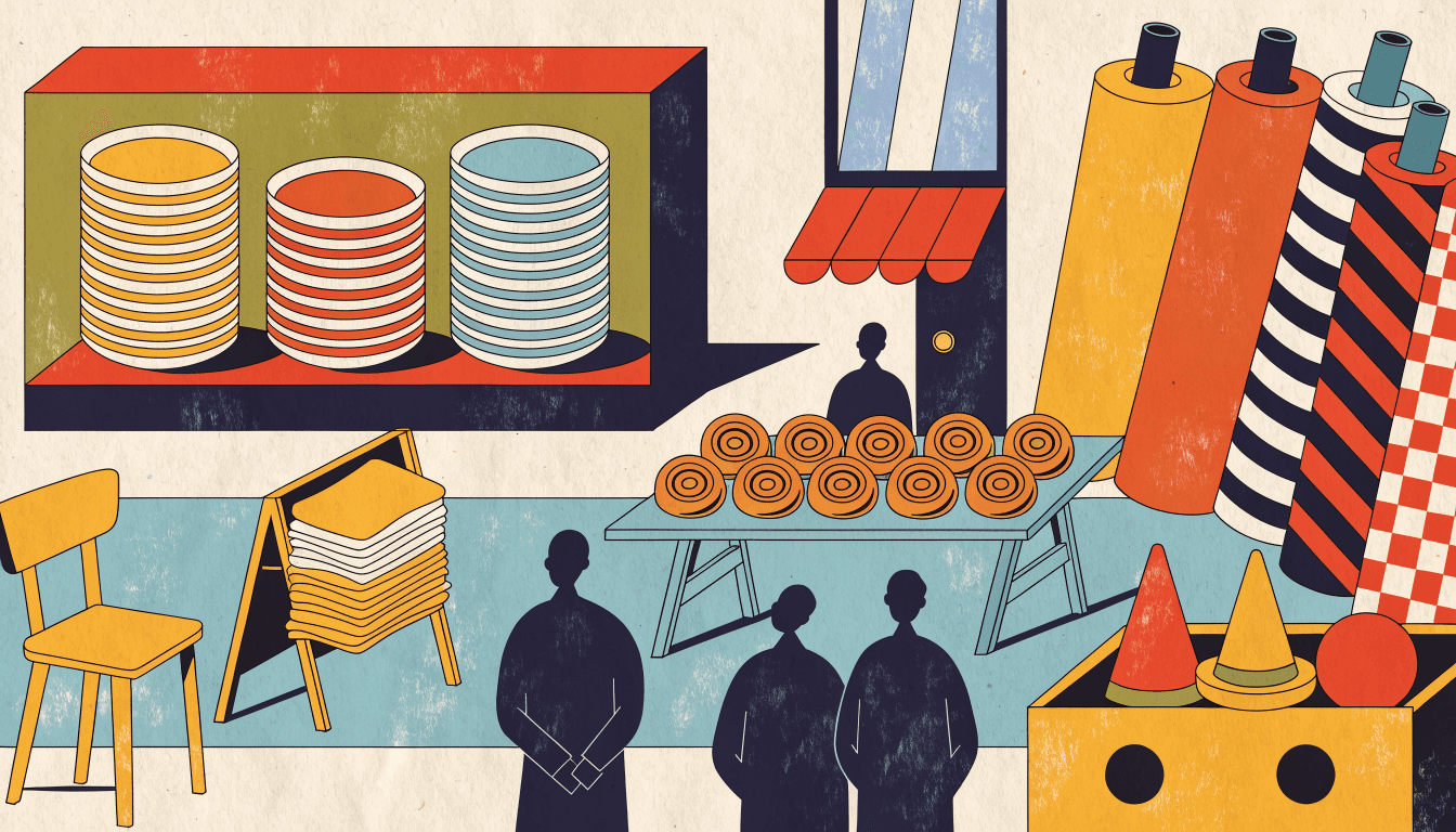 Editorial illustration of a department-store event hall with stacked plates, bold fabric rolls and a table of cinnamon rolls, with silhouetted shoppers.