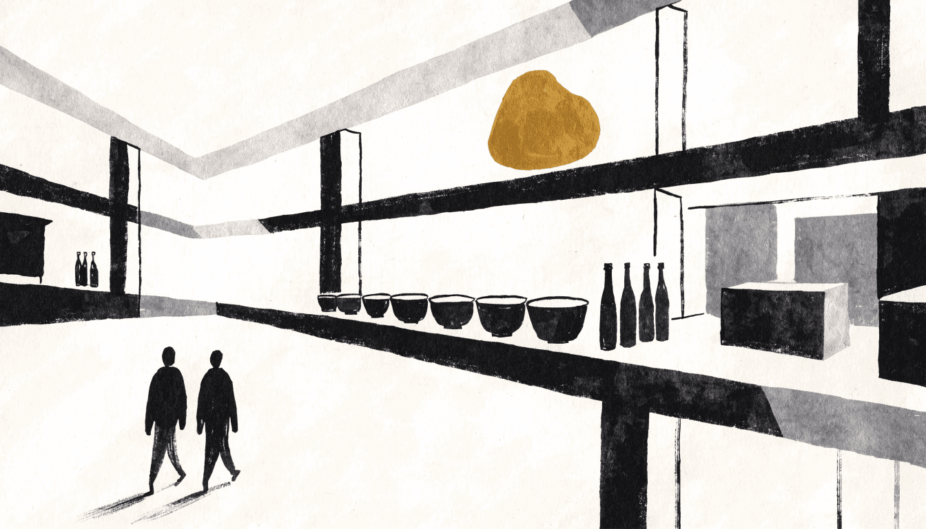 Illustration of a spacious department-store food-event floor with a row of lacquer-style bowls and sake bottles on a long counter, and two silhouette shoppers walking from behind.