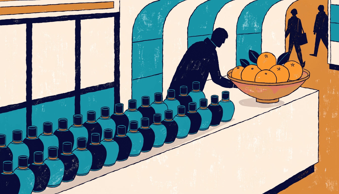 Illustration of a Parisian-style perfume counter with rows of glass bottles, inside a department store