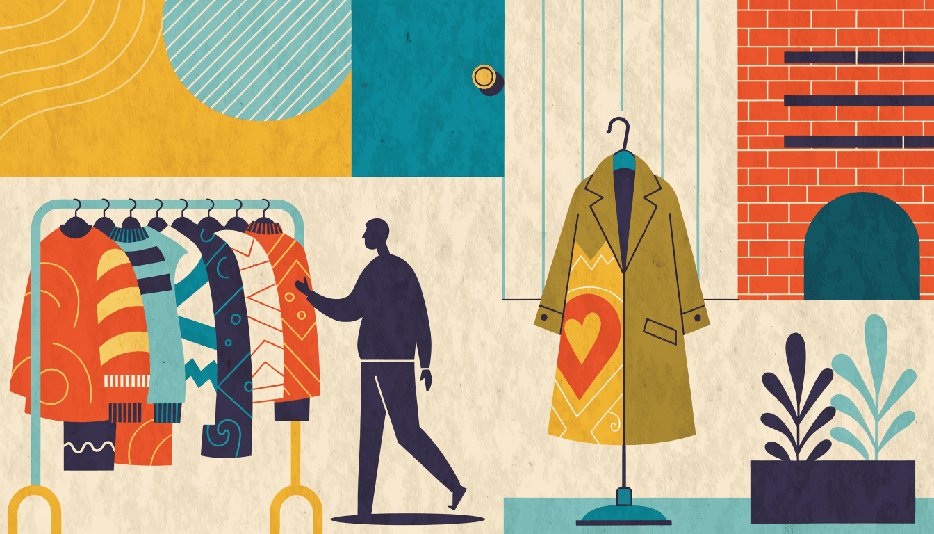Illustration of a department-store pop-up with a rack of patterned knitwear, a long overcoat on a stand, and a silhouette shopper browsing.