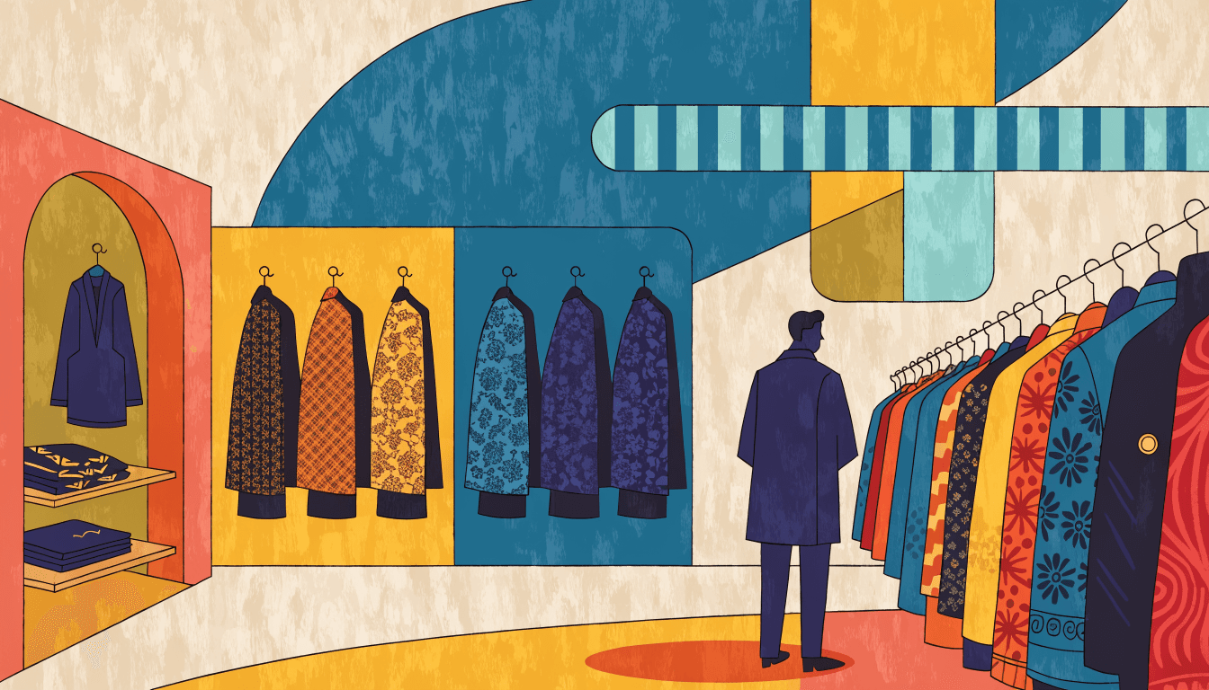 Warm editorial illustration of a department-store pop-up rail of jacquard and embroidered apparel, a silhouette shopper browsing patterned textiles.