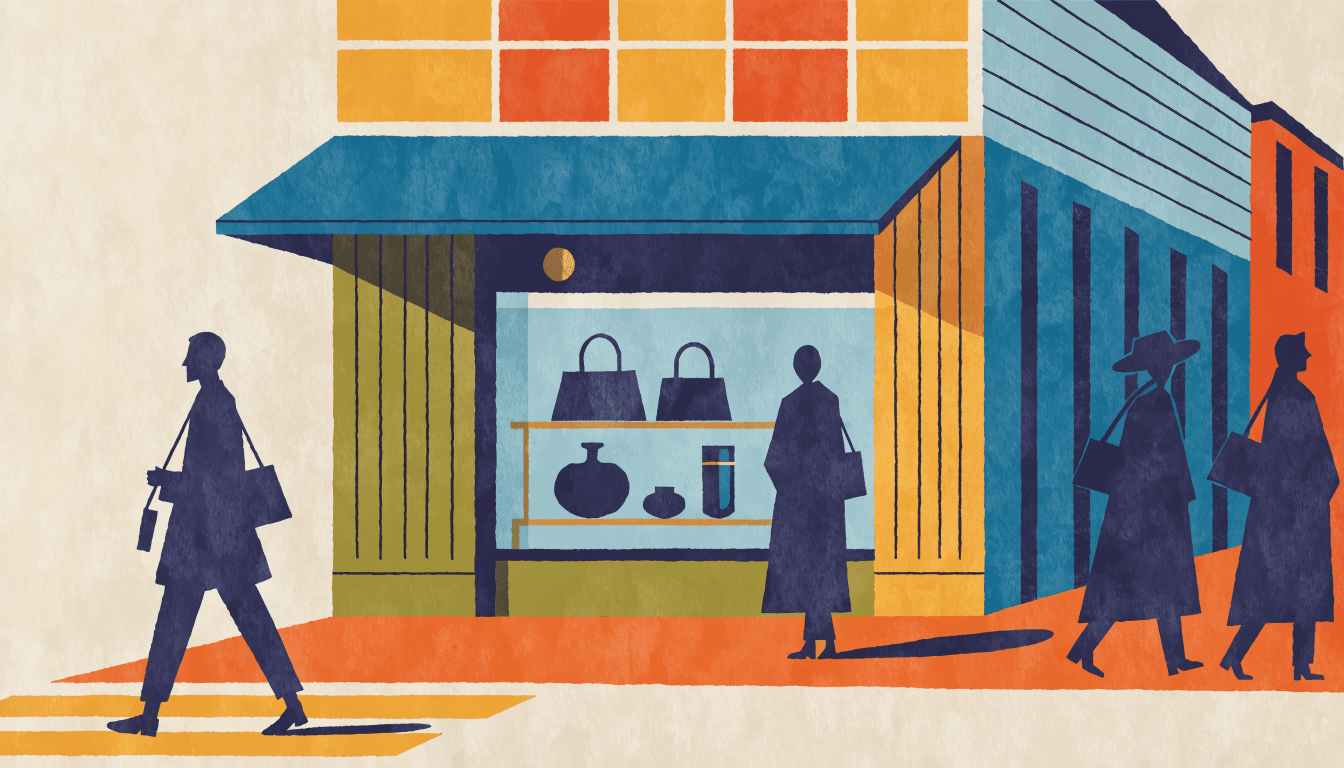 Editorial illustration of a luxury maison flagship boutique on a Japanese shopping street at dusk, shoppers passing a lit display window.
