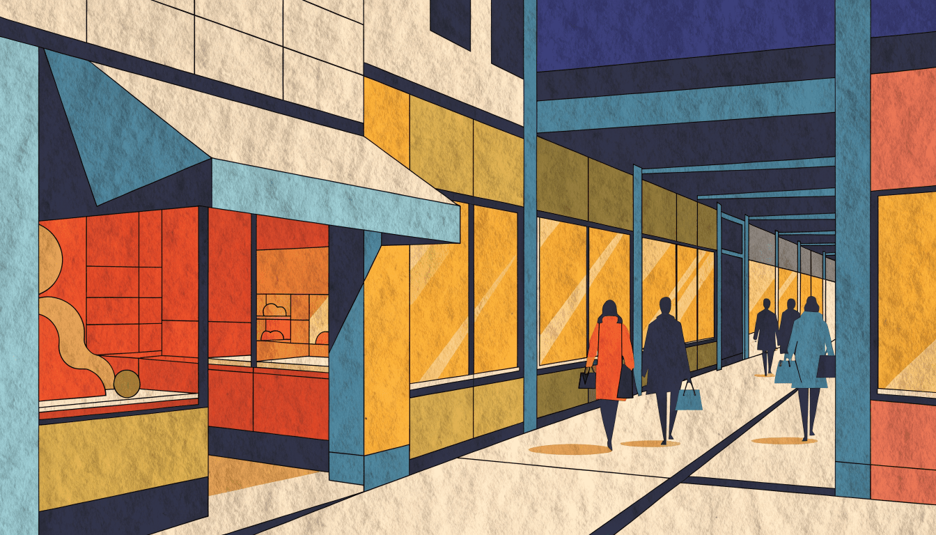 Illustration of a Japanese shopping arcade at dusk, with a lit leather-goods boutique and shoppers carrying handbags