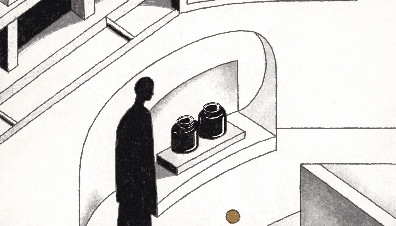 Editorial illustration — a compact luxury beauty counter inside a Japanese department store, two elegant glass jars lit on a plinth against a softly reflective backdrop, a silhouette figure browsing beside it.