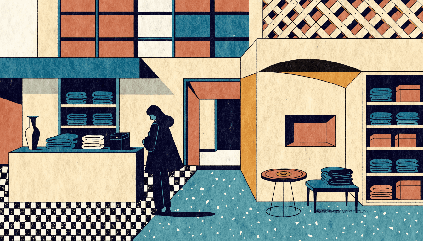 Editorial illustration of a sunlit boutique interior with a lattice-wood facade motif, a black-and-white mosaic floor pattern and a teal terrazzo accent, one silhouette figure browsing, in a warm travel-journal palette.