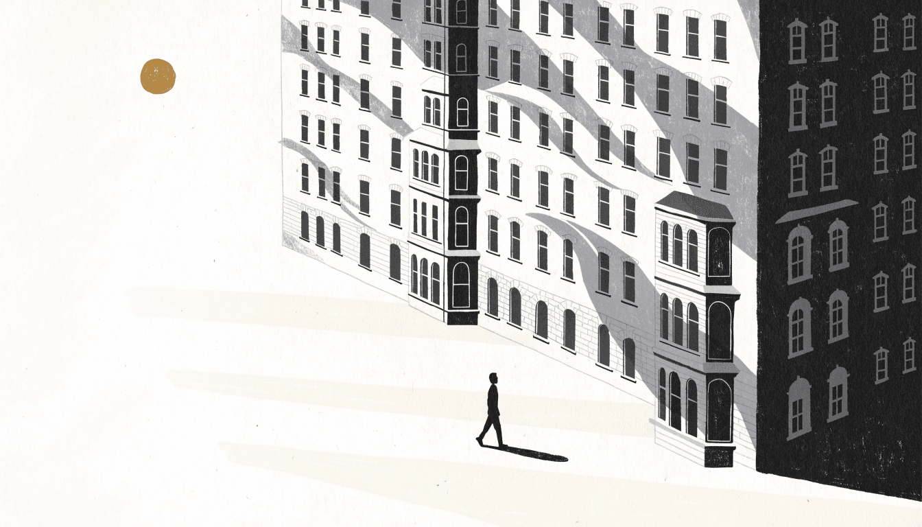 Illustration of a historic brick building lit by projected light patterns at night, with a lone silhouette figure crossing a courtyard