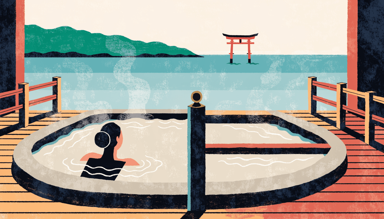Editorial illustration seen from a private open-air hot-spring infinity bath on a ryokan terrace: a single figure, viewed from behind, soaks shoulder-deep in the steaming stone bath whose edge meets the sea, while far out on the calm water the iconic vermillion torii gate stands in the distance. A forested headland lies on the far shore. Warm Monocle-style palette.