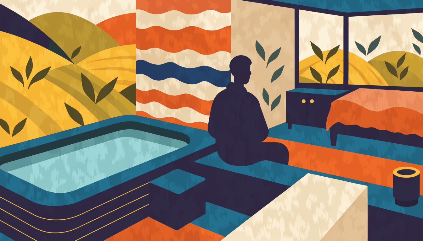 Warm flat-vector editorial illustration of a maisonette ryokan room interior opening onto a private courtyard open-air bath, layered ceramic-strata wall textures and tea-leaf motif details, one anonymous silhouette figure seated beside the bath, warm cream, petrol-teal and terracotta palette, no text, no logos, no real architecture reproduced.