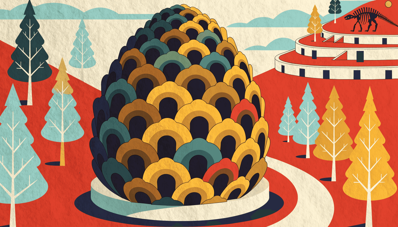 Illustration of a cylindrical, pinecone-shaped resort building against a red pine mountainside, with a dinosaur skeleton silhouette on a nearby hillside terrace