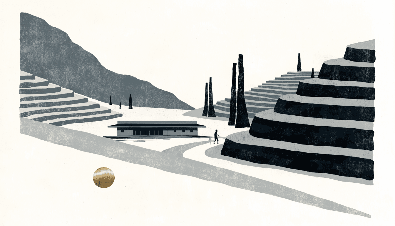 Illustration of a low resort building set among ancient rice terraces and stone monuments in a quiet valley