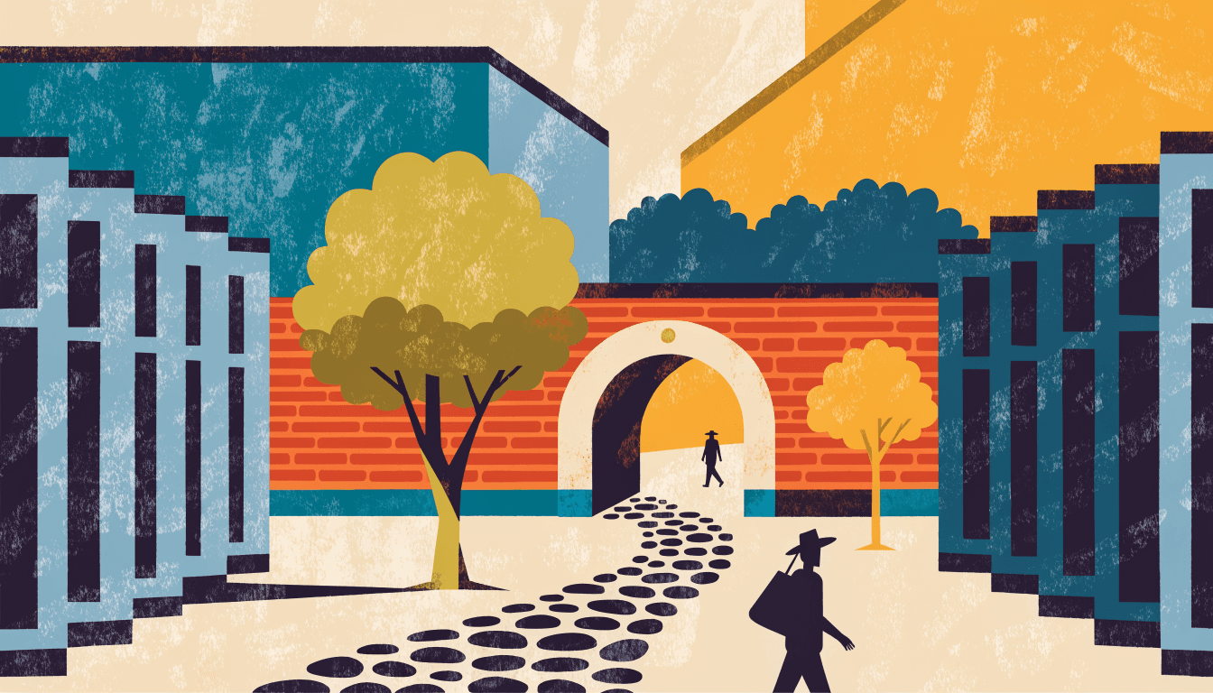 Flat-vector editorial illustration of a heritage brick building in Nara reimagined as a hotel courtyard, with an arched gatehouse, radiating wings and mature trees, silhouette figures strolling along a stone path.