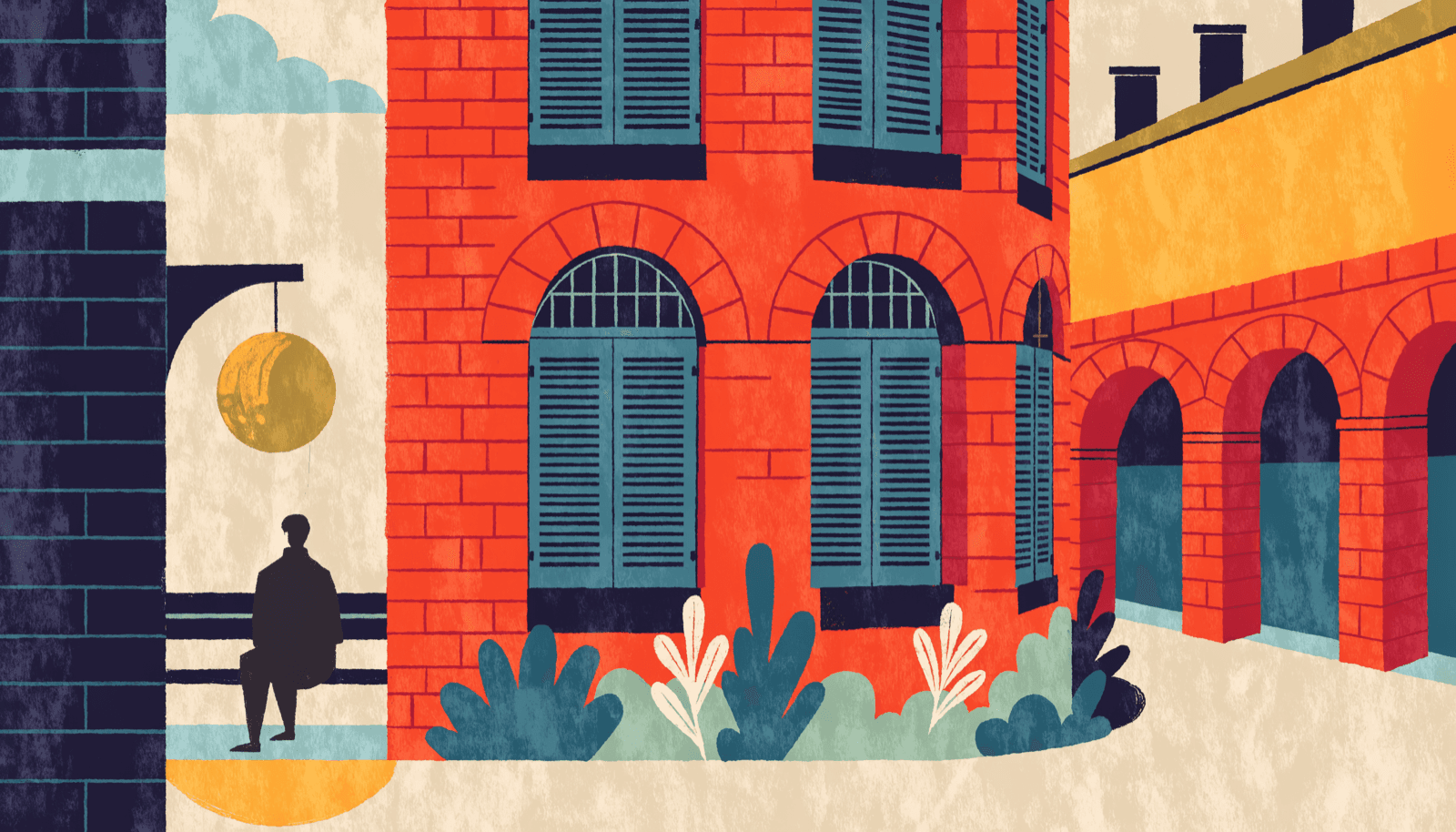 Illustration of a long white-brick colonnade of tall arched windows and a central rotunda — a converted early-1900s prison seen along a quiet diagonal, with a single small brass disc as the one point of warmth.