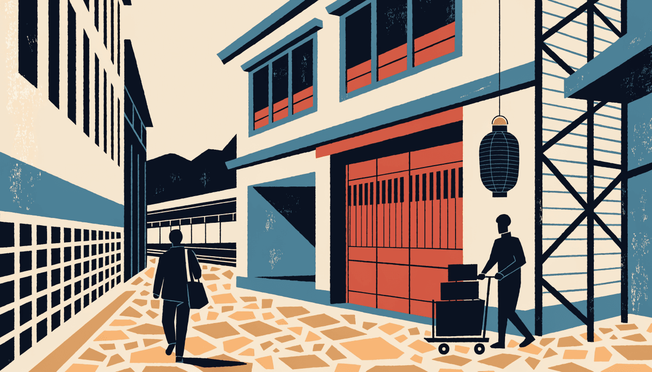 Illustration of a bellhop wheeling a luggage cart past a machiya-style building with a red lattice facade and a hanging lantern on a stone-paved Kyoto street at dusk, with scaffolding on one side and a passerby walking toward a distant train platform.