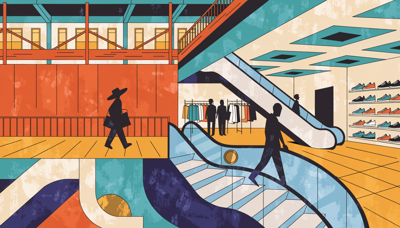 Shoppers moving between escalators in a multi-level shopping building mid-renovation, with a shelf of sneakers