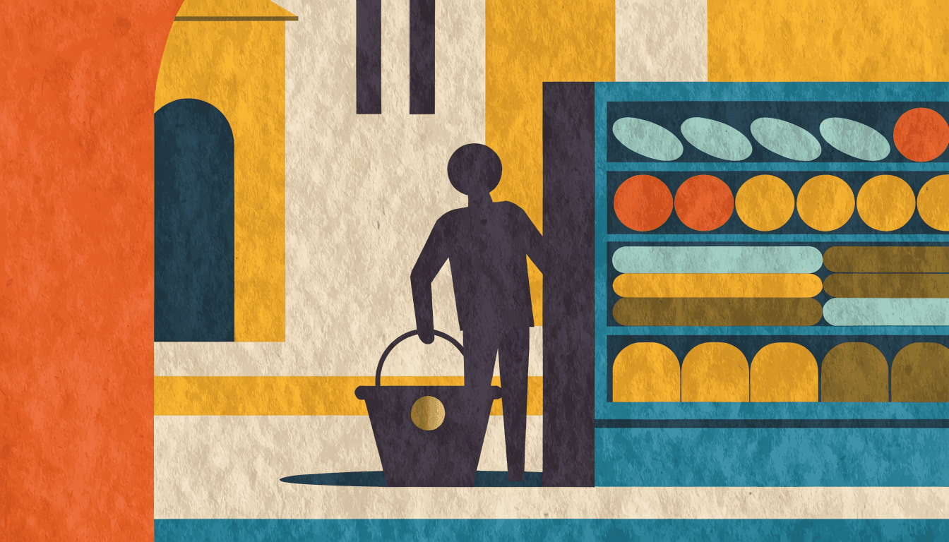 A shopper in silhouette pauses before a grocery shelf of packaged foods, one hand resting on a shopping basket.