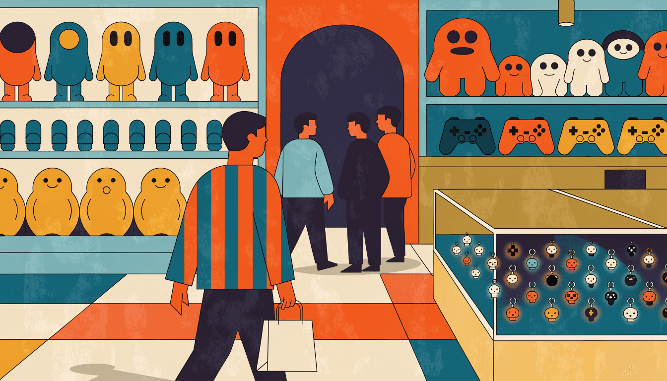 Editorial illustration — A Japanese character-goods retail floor with deep, tightly curated merchandise displays for a small number of titles, shoppers browsing closely stacked figures and goods under warm store lighting.