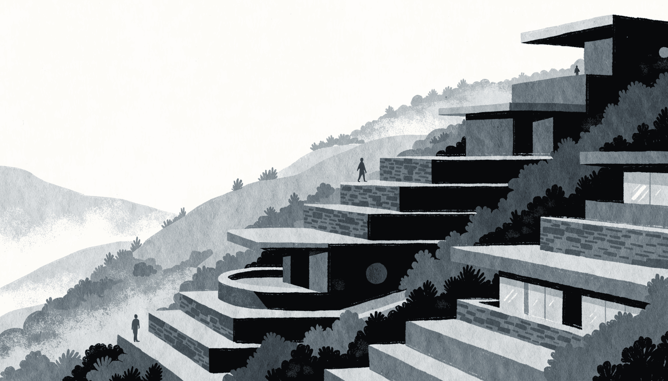 Illustration of modern mountain villas terraced into a lush valley, with mist over layered hillside terraces