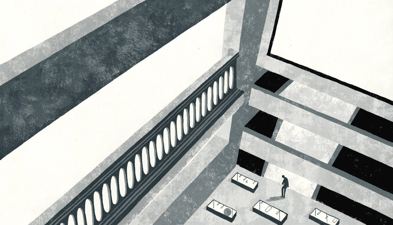 Calm editorial illustration of a grand department-store atrium seen from a high diagonal vantage, glass display cases below and one silhouette figure looking over the balustrade.