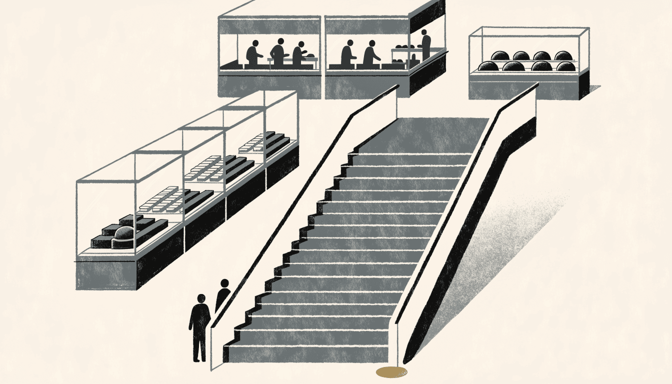 Editorial illustration of a department-store basement confectionery hall viewed from a descending staircase, with glass-fronted show kitchens, silhouetted pastry chefs at work, rows of glass display cases and silhouetted shoppers browsing, in calm near-monochrome tones.
