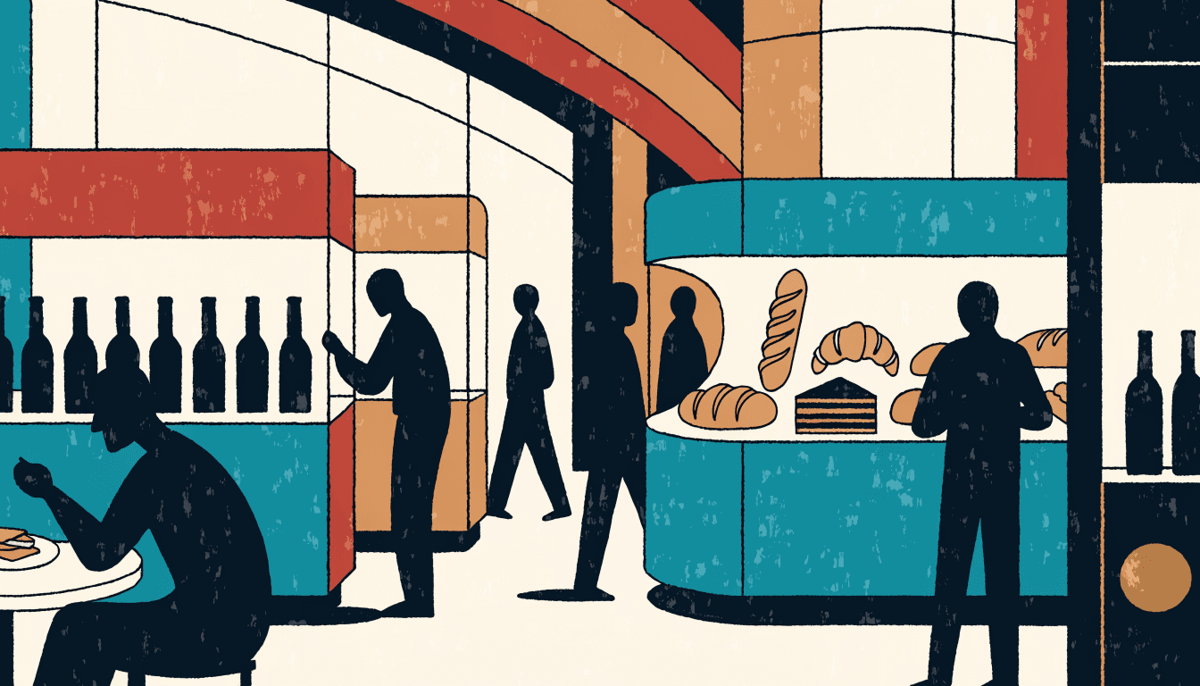 Illustration of a lively department-store food-fair floor with Italian dishes, wine bottles and pastry displays on market-style stalls, and anonymous silhouetted shoppers sampling food — no visible logos, brand names or real people.
