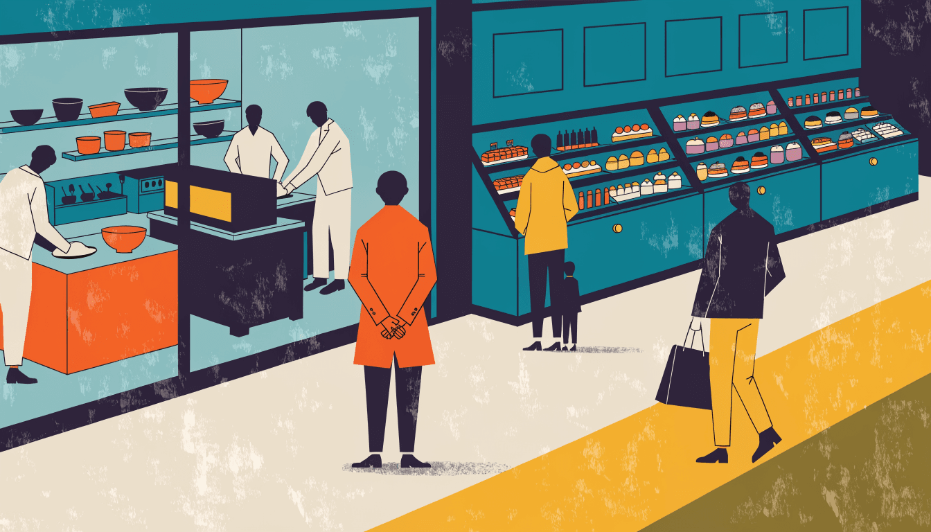 Flat-vector illustration of a department-store basement pastry hall: a glass-walled show kitchen where pastry chefs work at a counter, beside rows of jewel-like dessert and cake displays as anonymous shoppers browse.