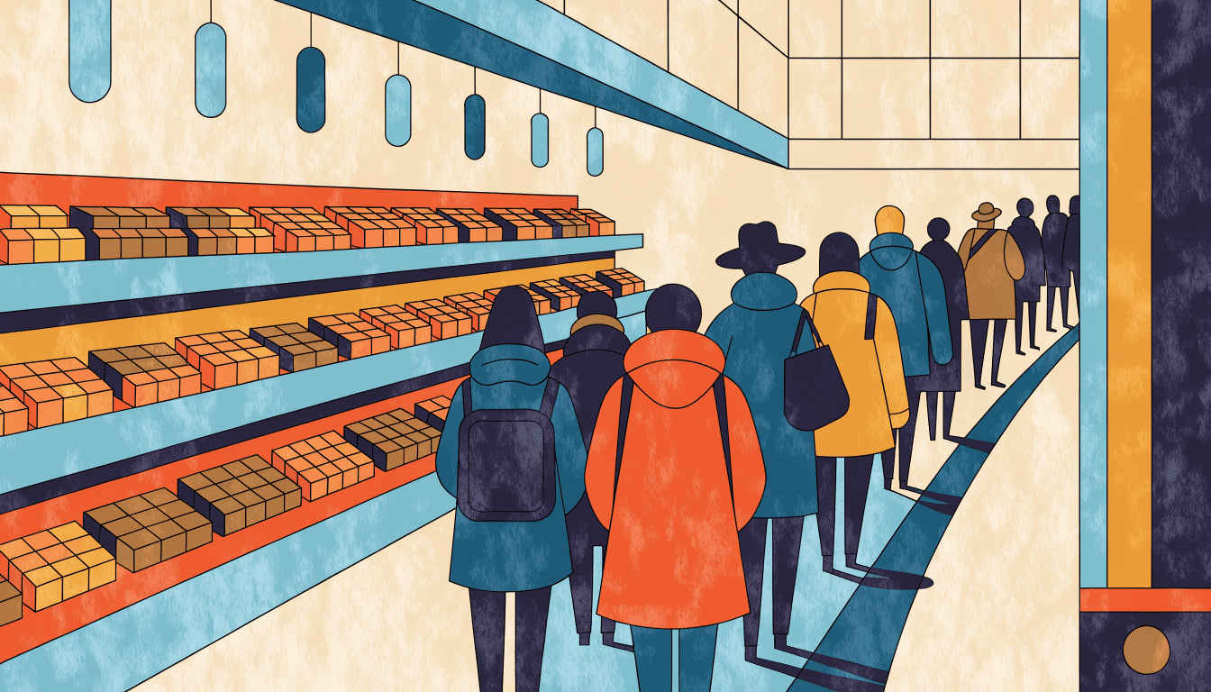 Illustration of shoppers queuing past shelves of boxed chocolates in a department-store event hall