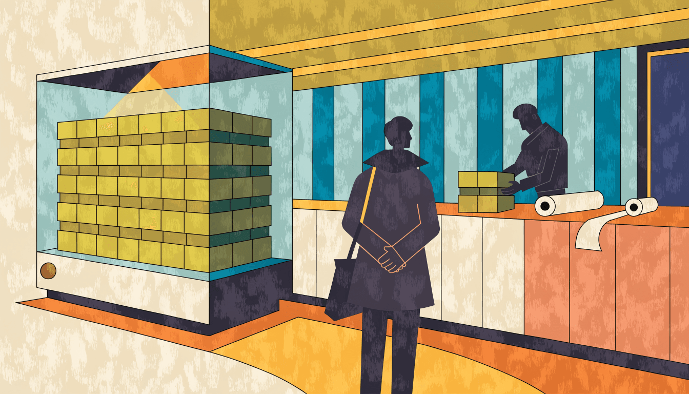 Editorial illustration of a department store basement food hall counter, neatly arranged gift boxes of green-tinted confectionery on a glass display beneath warm spotlighting, a silhouette shop assistant wrapping a box for a waiting customer.