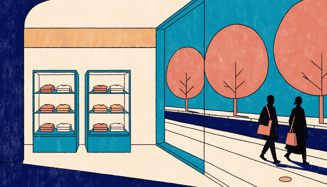 Flat-vector illustration of a minimalist Tokyo boutique storefront with folded garments in glass display cases and two silhouetted pedestrians on a tree-lined street
