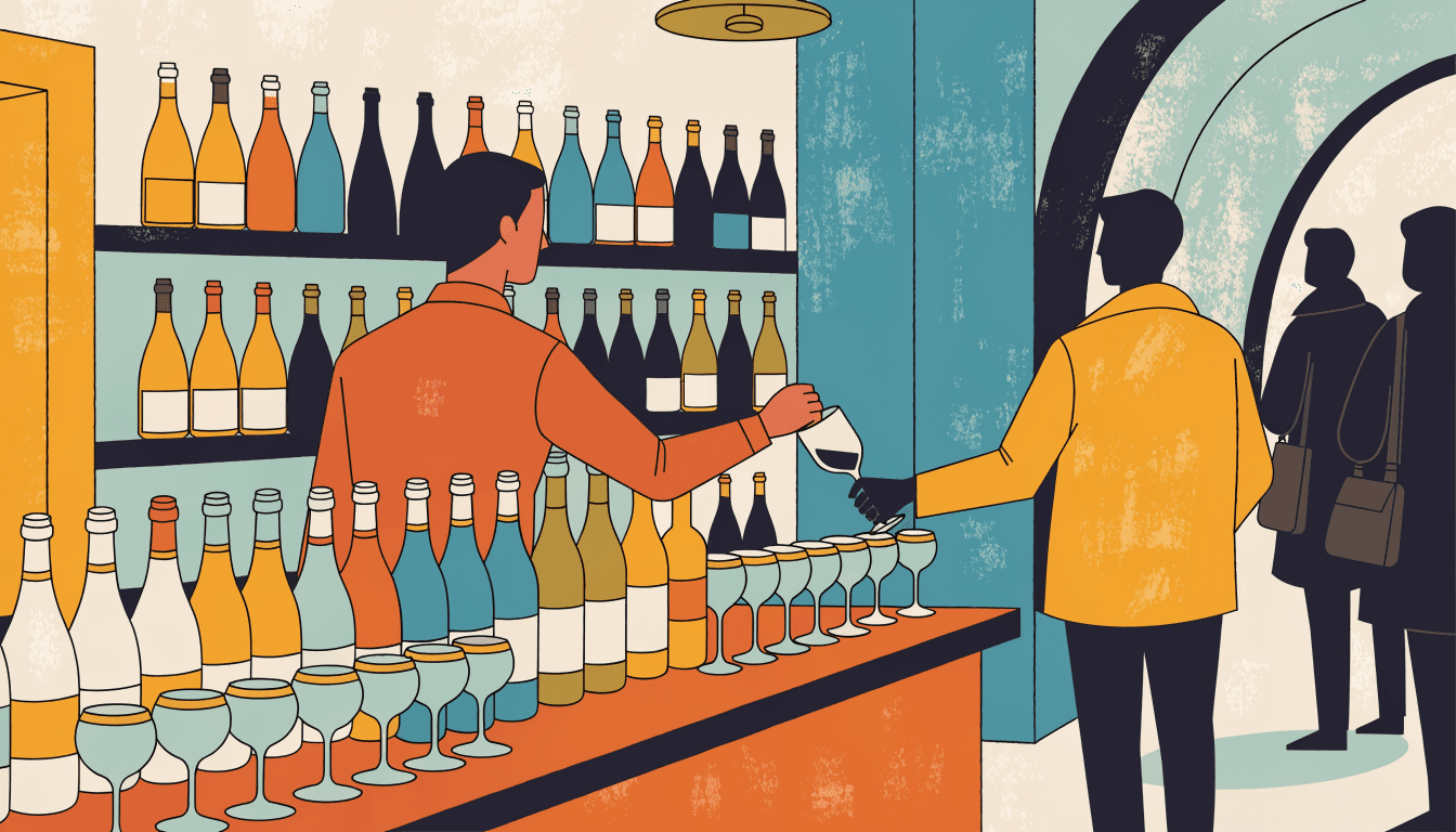 Illustration of a wine-tasting counter inside a department store, with a staff member pouring wine for shoppers.
