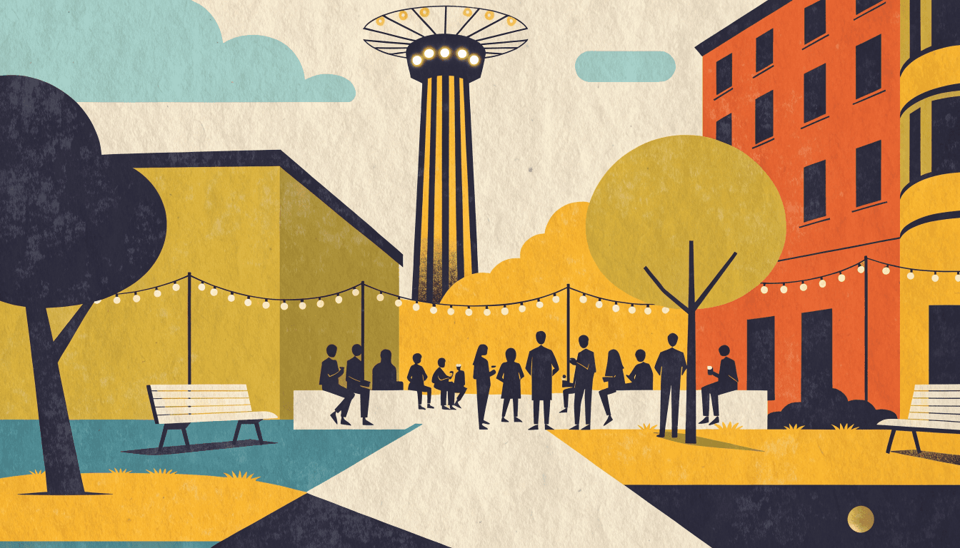 Illustration of a city plaza at dusk with an illuminated tower, clusters of silhouette figures under string lights.