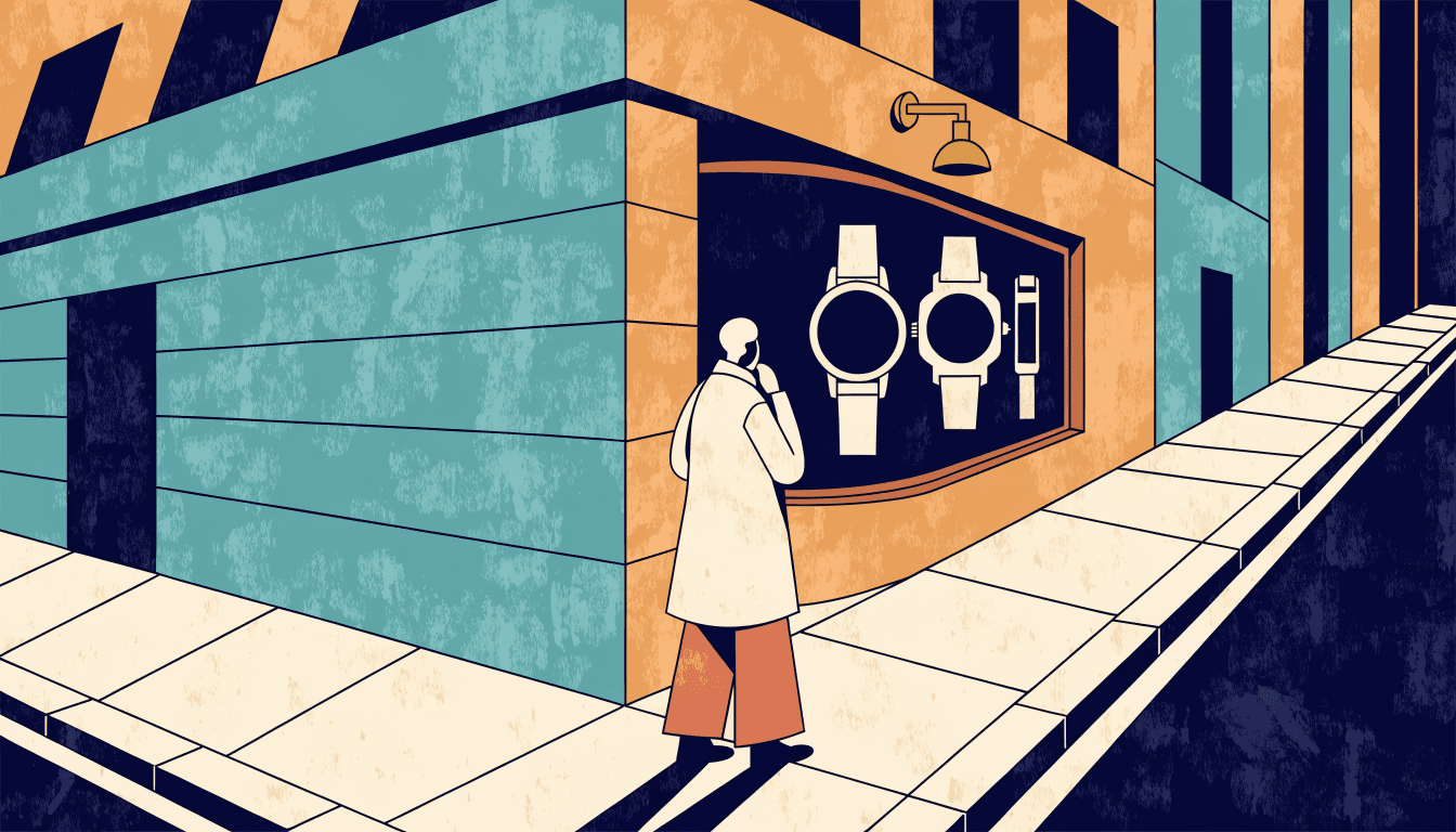 Illustration of an elegant Ginza watch-boutique street corner at dusk, a figure pausing before a display window of fine timepieces.