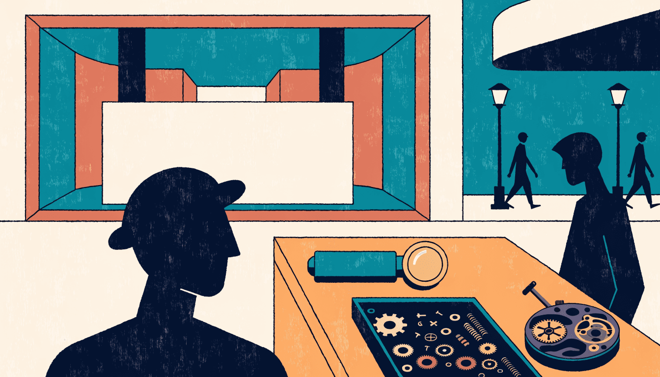 Illustration of a watchmaker's workbench with fine tools, set inside a calm exhibition space