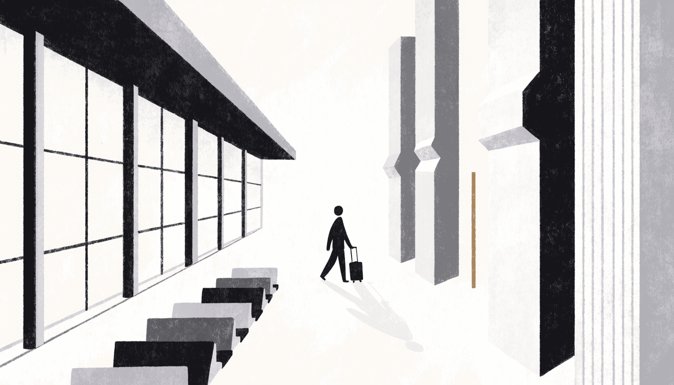 Editorial illustration — a silhouetted traveller with a suitcase walking between an airport lounge and a hotel lobby.
