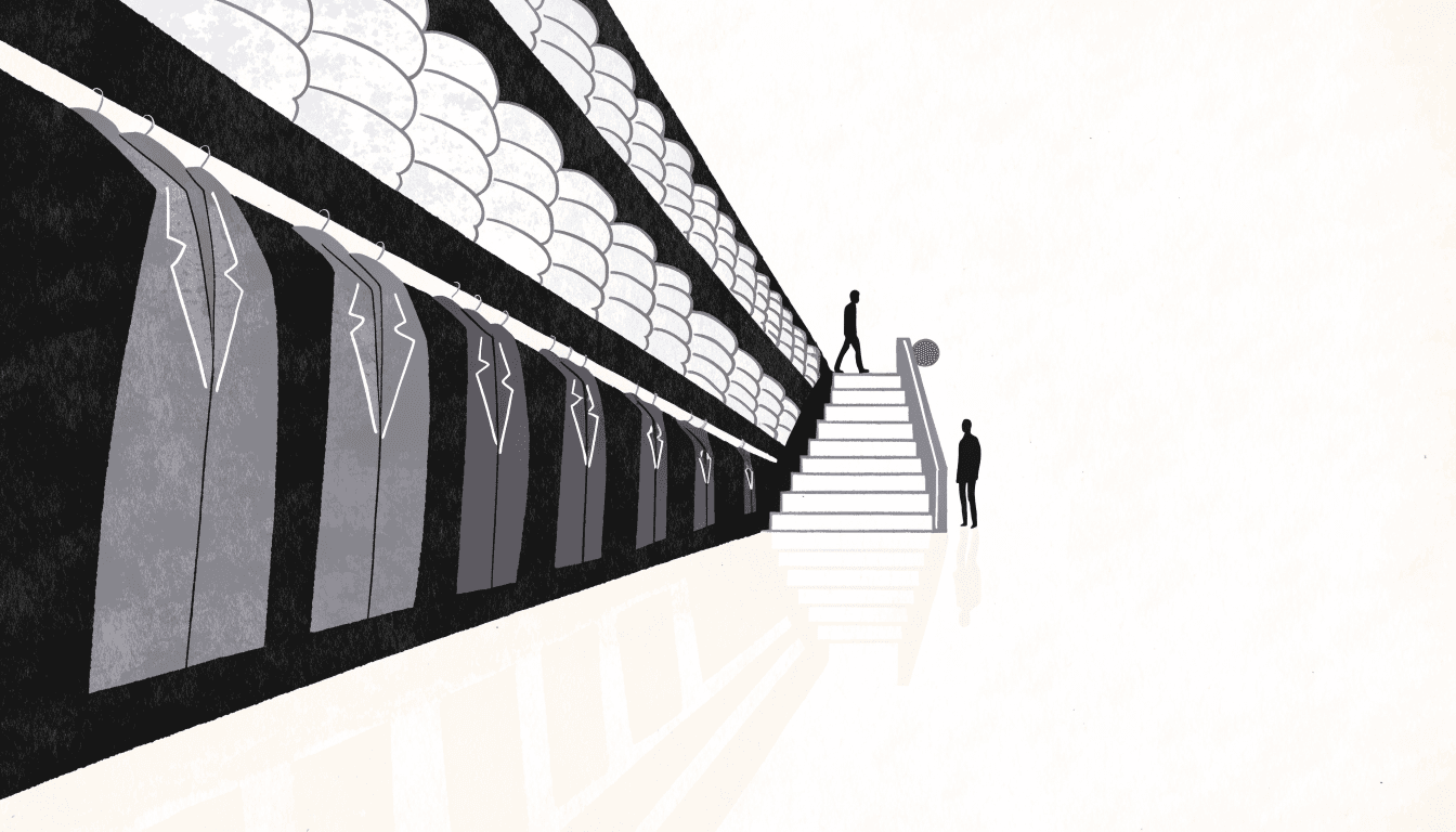 Editorial illustration of a spare menswear floor in a department store, with a long diagonal row of hanging jackets and folded knitwear leading to a staircase, calm near-monochrome style.