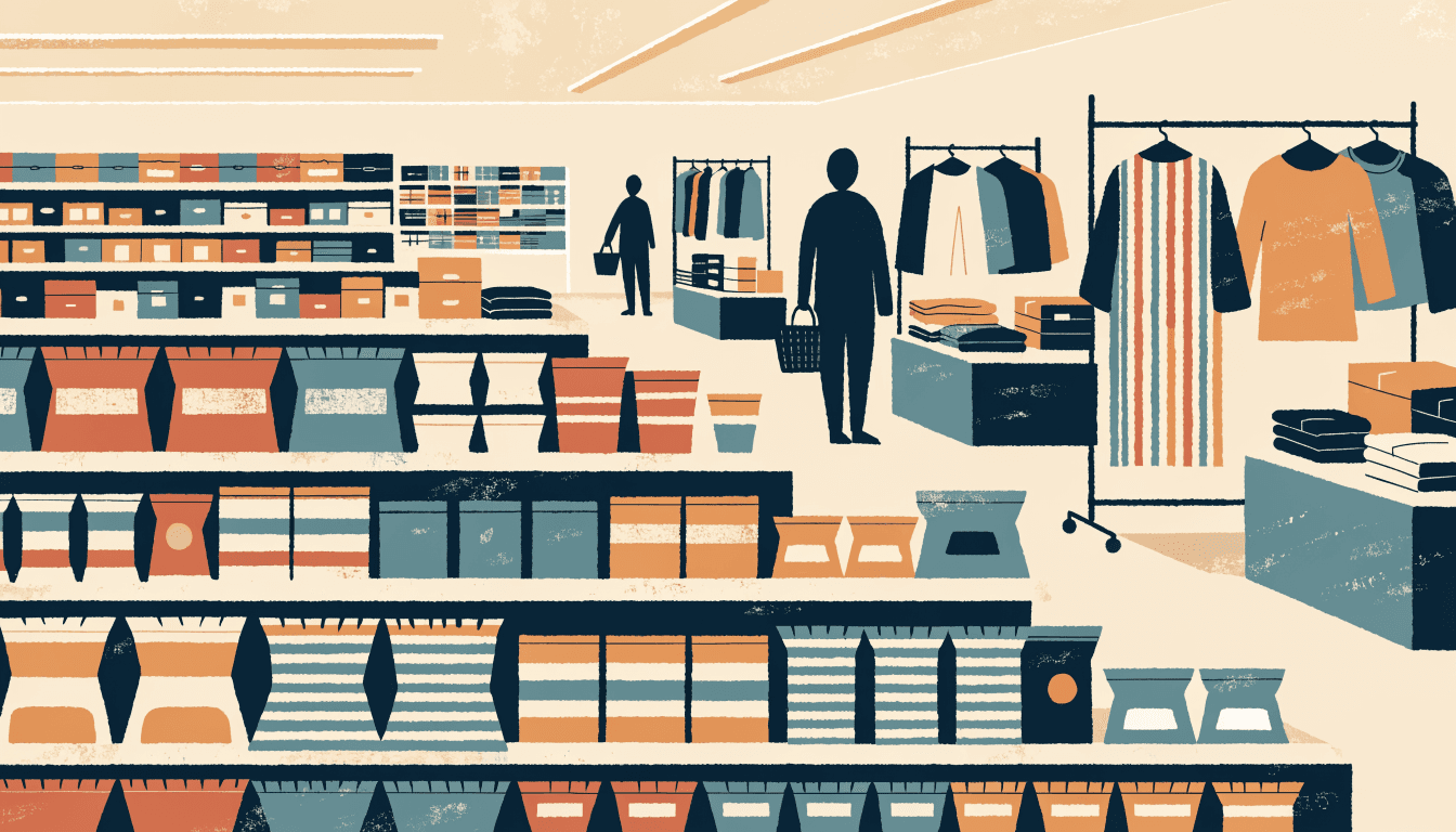 日本のチェーンストアの売場のイラスト。手前には品揃え豊かな食品棚が並び、奥には人気の少ない衣料品・生活雑貨の売場が続く。買い物かごを持った買い物客がその様子を眺めている
