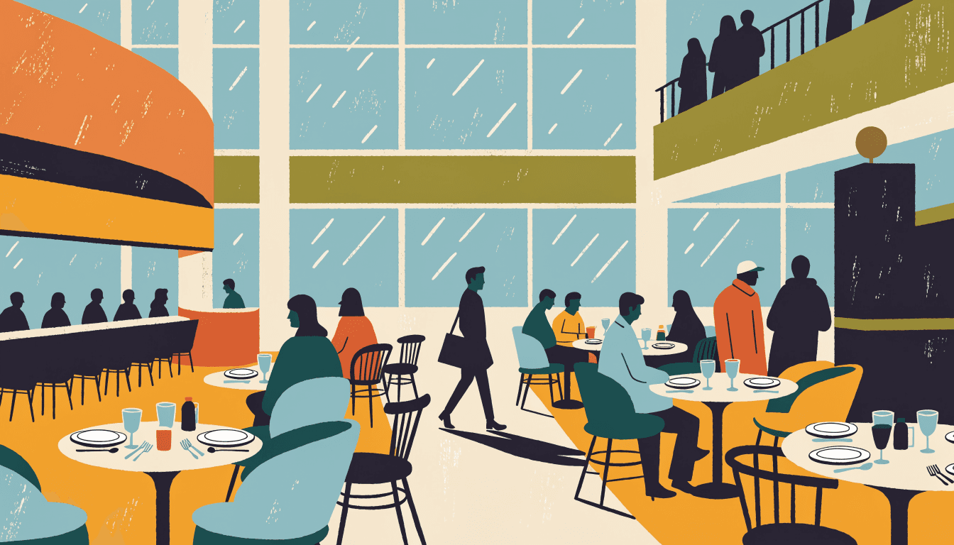 Illustration of a busy restaurant floor inside a department store food hall, with rain outside the windows