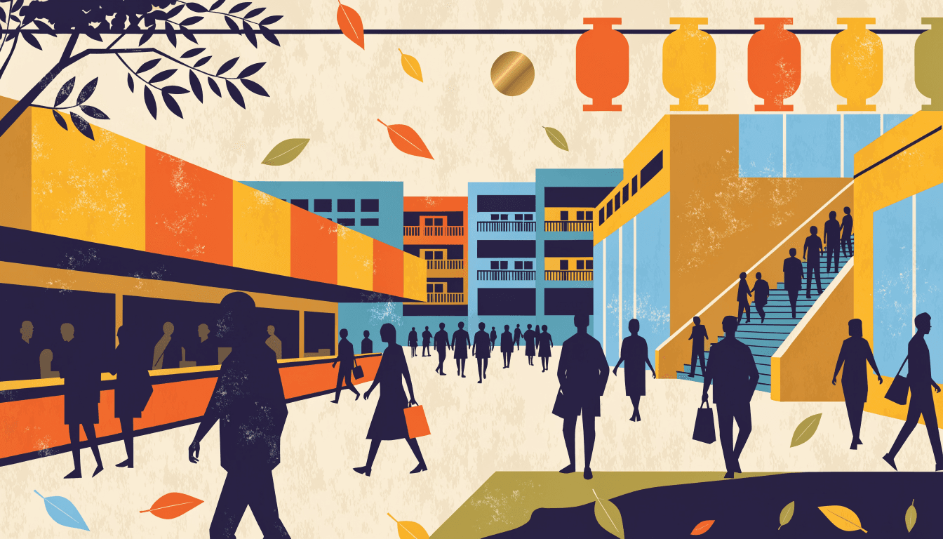 Illustration of shoppers streaming through a sunlit shopping-centre concourse on an autumn holiday, with a row of five lanterns overhead