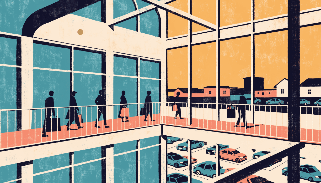 Illustration of a shopping-centre atrium under bright summer light: a busy central mall walkway with shoppers carrying bags, and a quieter suburban car park visible through the glass beyond.