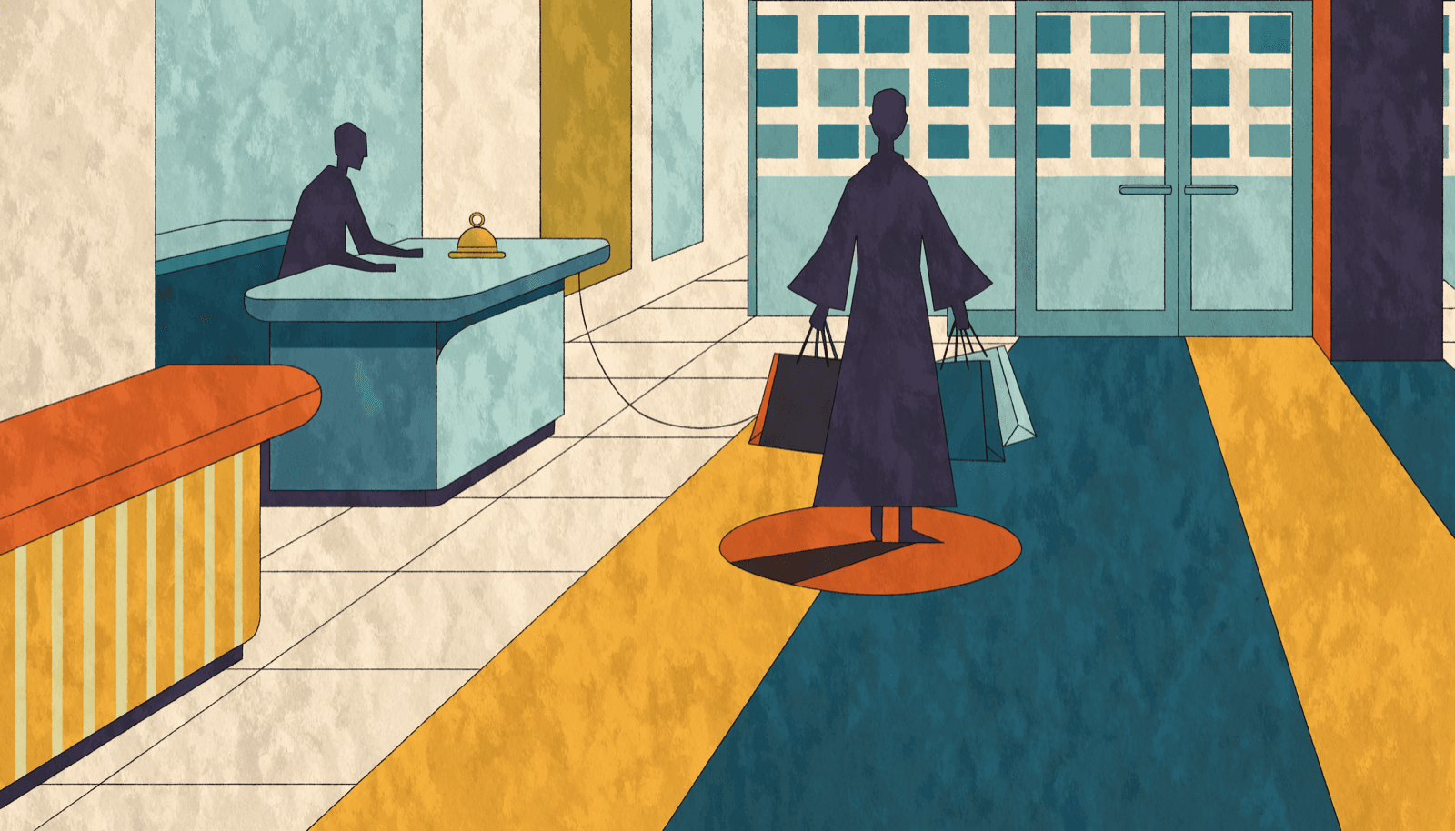百貨店のサービスカウンターと暗いアーチを、温かみのあるモノトーンと一筋の金色で描いたイラスト。