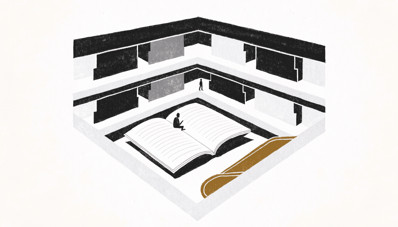 Illustration of a shopping-centre cross-section with an oversized open report in the foreground