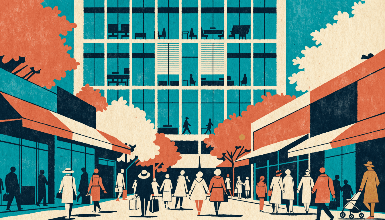 Illustration of a tall glass-fronted mixed-use building rising above a bustling station-front shopping street in a leafy, upscale Tokyo suburb, pedestrians passing beneath awnings