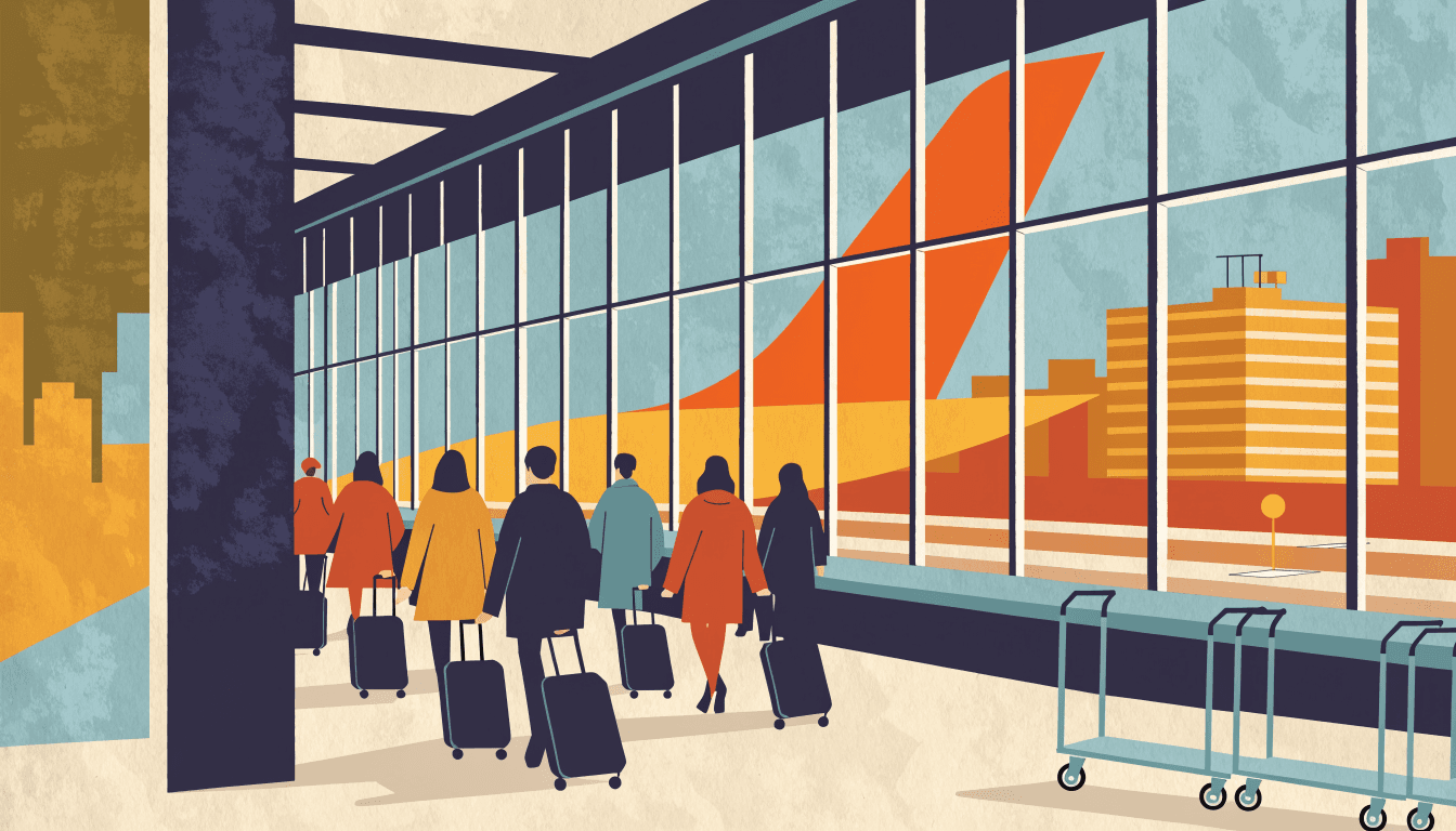 Illustration of an airport arrivals hall: silhouetted travellers pulling suitcases past tall windows onto the apron, with a jet tail outside and empty luggage carts in the foreground.