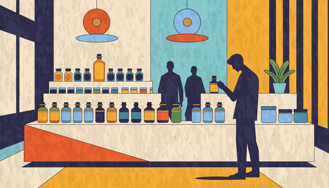 Illustration of a bright beauty-studio counter on a department store floor: rows of glass fragrance bottles and body-care jars arranged on a tiered display beneath soft pendant lighting, a potted green plant at one end, one shopper's silhouette leaning in to sample a scent.