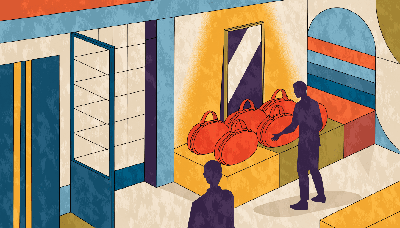 Illustration of a compact atelier-style pop-up corner on a department store's ground floor: rounded, bean-shaped leather bags with a soft textured finish arranged on a low display table under warm spotlighting, a mirror leaning against the wall behind, one shopper's silhouette reaching to look closer.