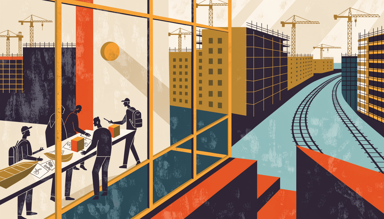 Illustration of a glass-walled innovation floor in a new station tower: silhouetted figures gathered around a shared table with sketches and model objects, a skyline of cranes and an elevated rail line visible through the window.