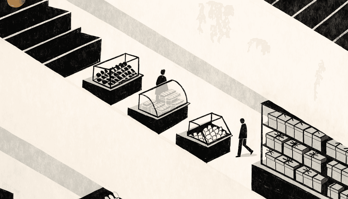Illustration of a department-store basement food hall with glass display cases of Japanese and Western confectionery under warm lighting, shoppers browsing between counters