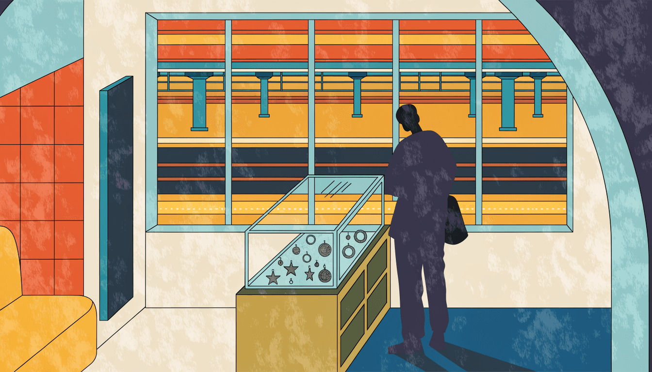 Editorial illustration of a small, bright jewellery boutique inside a modern station building, with a glass display case of silver charms and a silhouette figure browsing near a large window overlooking train platforms.