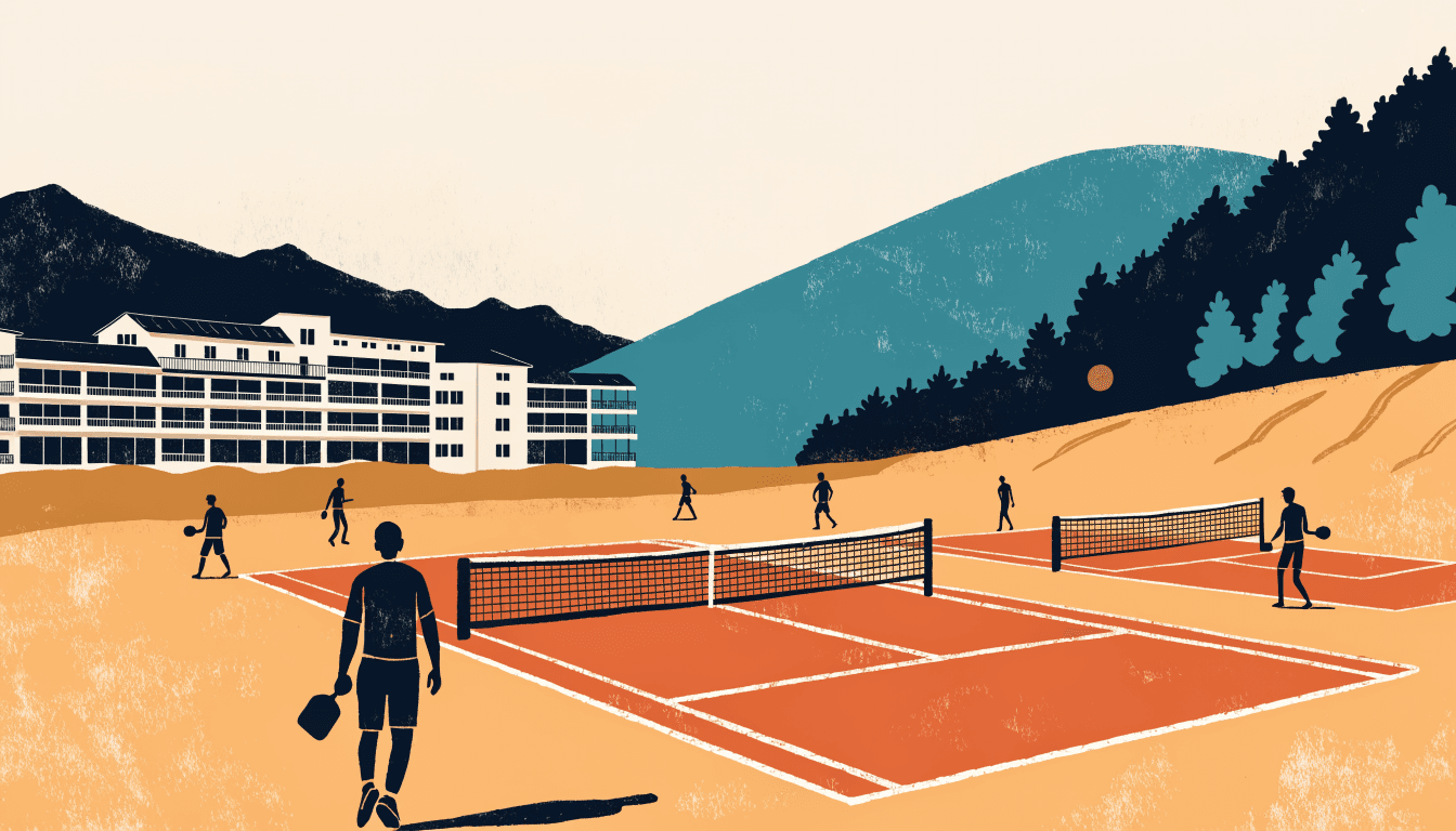 Illustration of a Japanese ski resort's summer slopes converted into outdoor pickleball courts, with silhouette figures playing beneath a resort lodge and forested hills