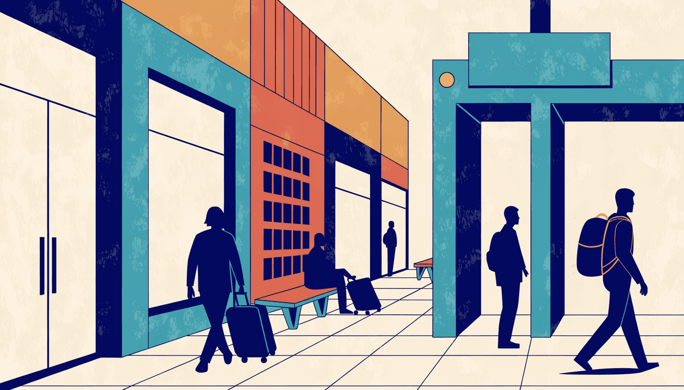 Flat-vector illustration of travelers with rolling suitcases passing airport shopfronts and a security-style gate