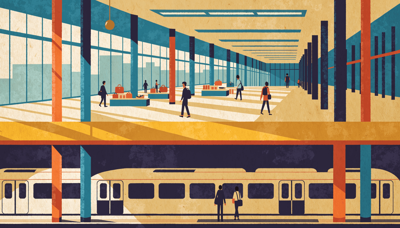 Illustration of two levels of an Osaka railway terminal seen at once: on the upper level a department-store selling floor where simplified figures browse low display tables set with handbags, daylight falling through tall glazing; on the level below, a station platform with a waiting train and two figures standing at the doors, slender columns running between the two floors.